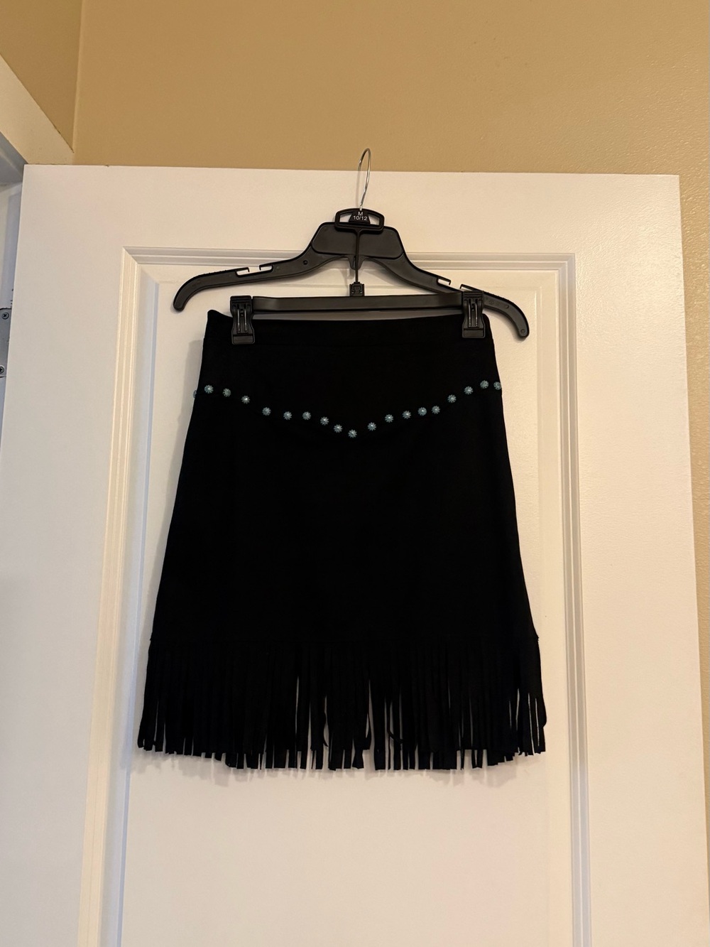 Black Fringe Mini Skirt with Turquoise Stud Detail